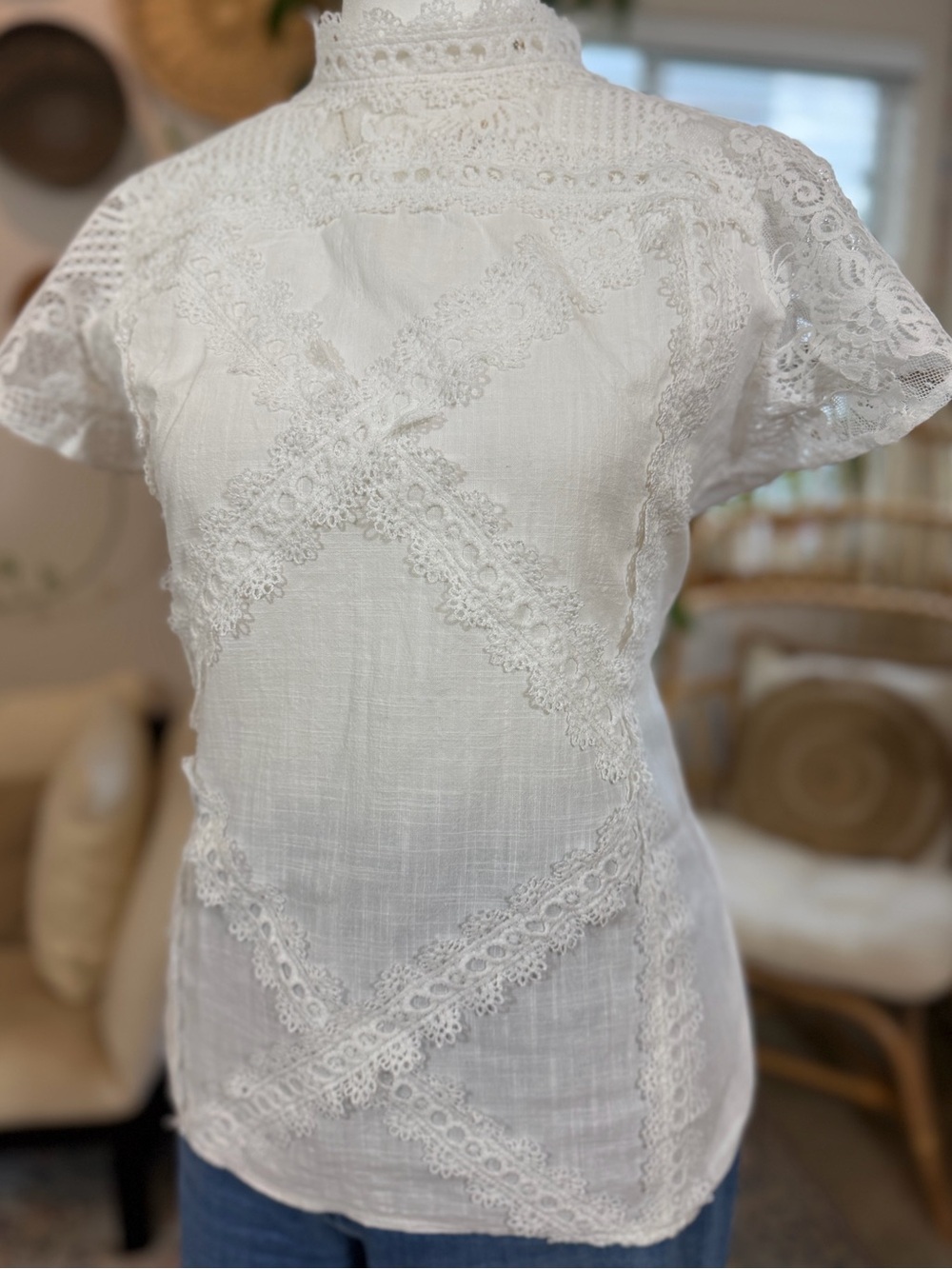 White Cotton Lace Blouse Boho Romantic Cottagecore Victorian Dainty Top M - Picture 3 of 9